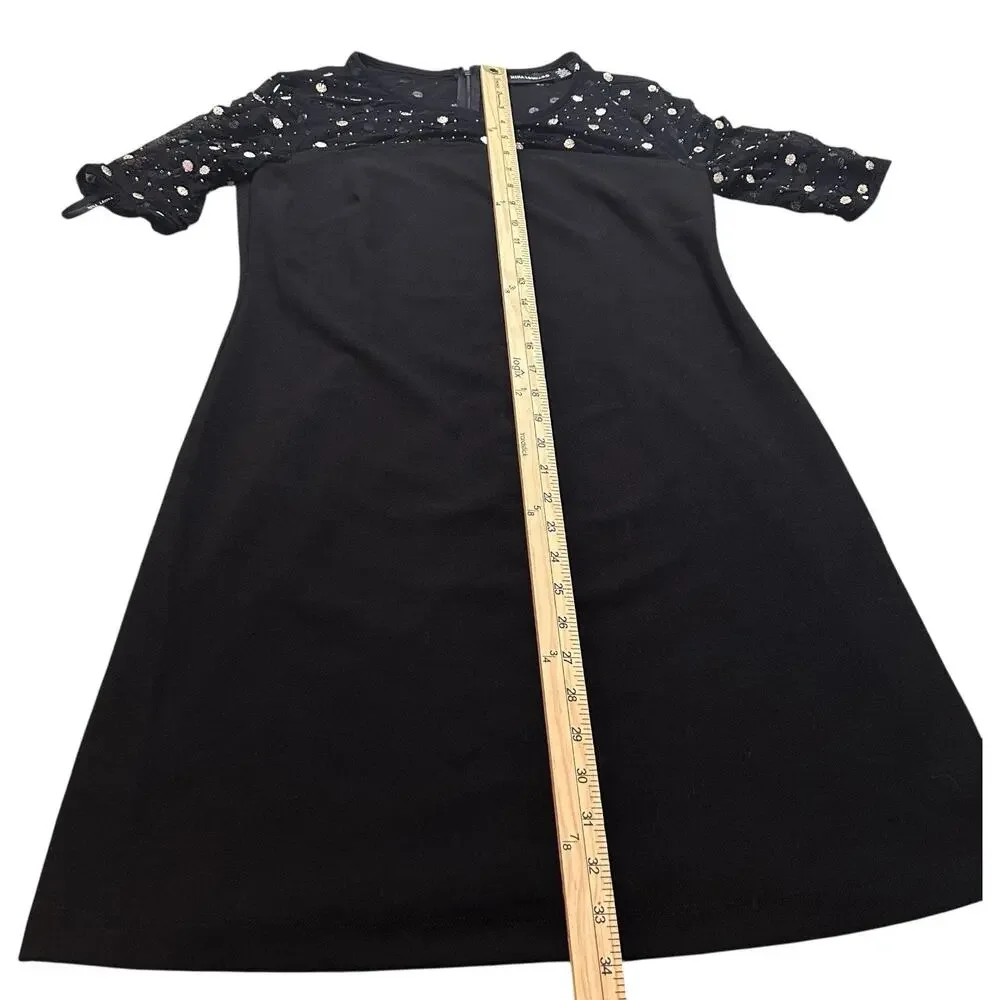 Nina Leonard Sz S Dress Black Crepe Midi Beaded Sheer Short Sleeve Round Neck - Picture 10 of 14